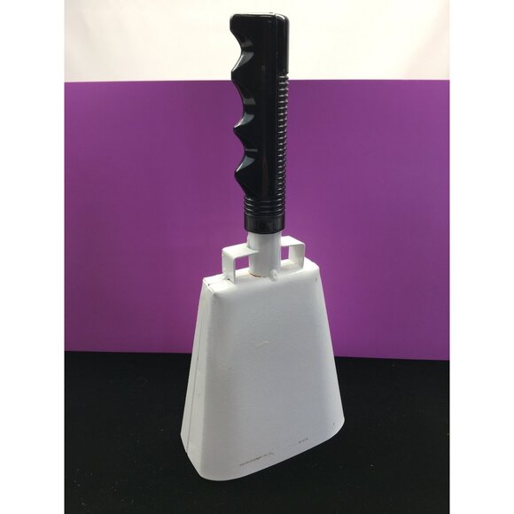Noise Maker Cow Bell White Metal Bell Black Plastic Handle 10” Tall - Picture 6 of 13